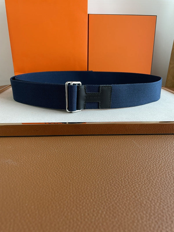 4.0CM BLUE TEXTILE BLACK LEATHER H BELT