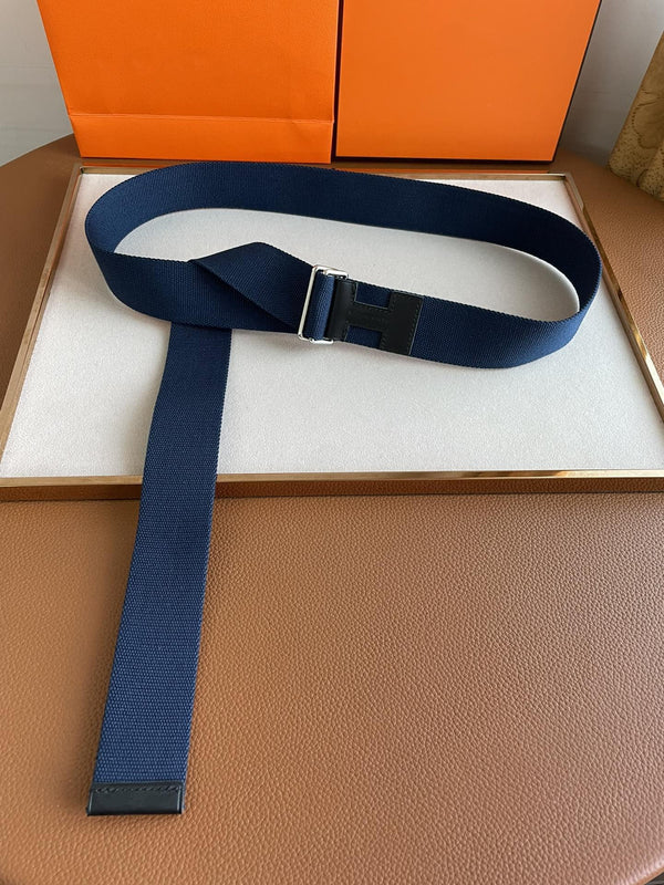 4.0CM BLUE TEXTILE BLACK LEATHER H BELT