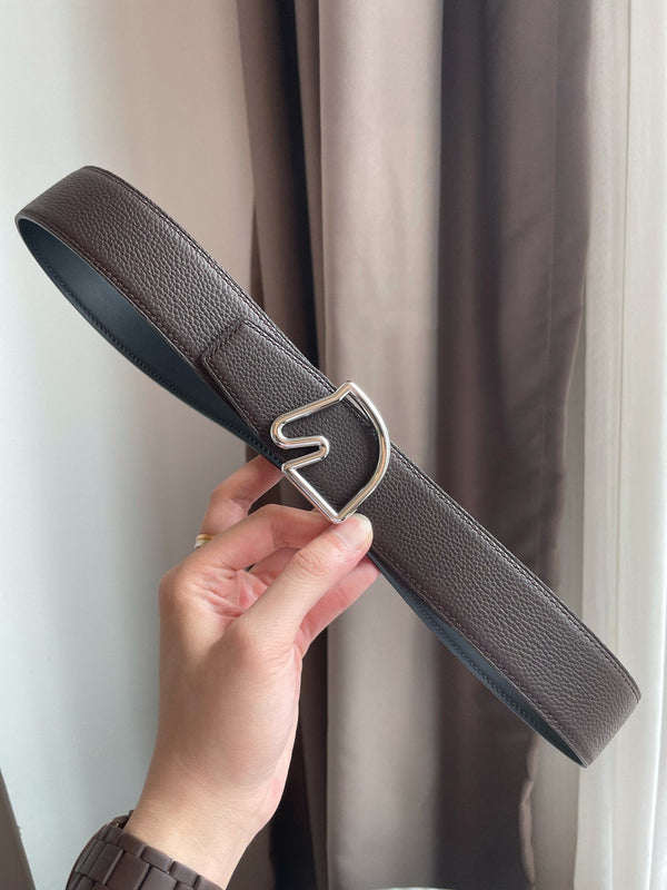 H BELT HORSE BUCKLE DARK BROWN BLACK LEATHER REVERSIBLE 3.8CM