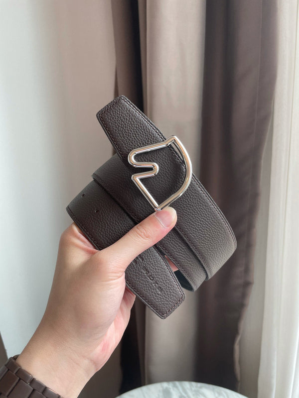 H BELT HORSE BUCKLE DARK BROWN BLACK LEATHER REVERSIBLE 3.8CM