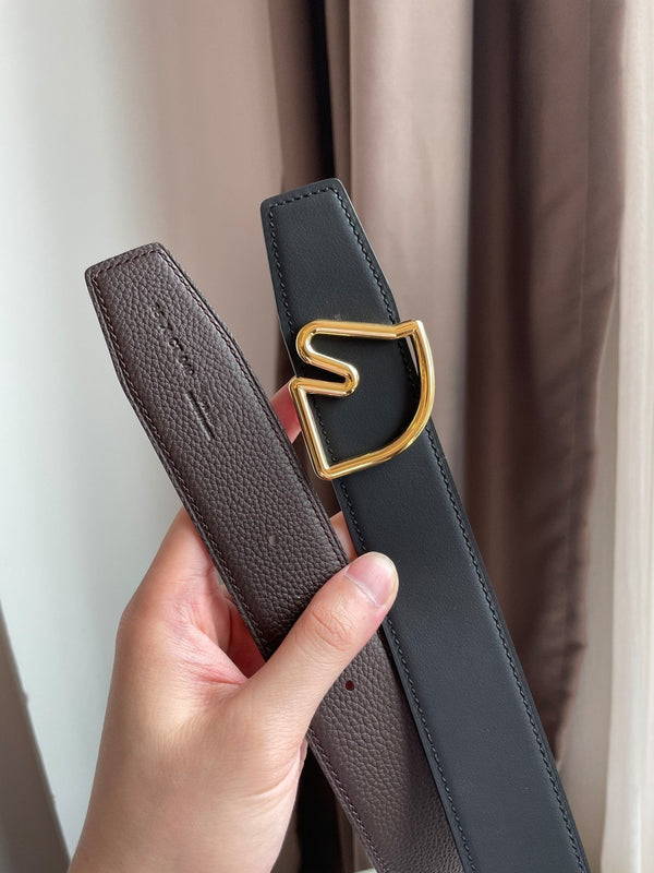 H BELT HORSE BUCKLE DARK BROWN BLACK LEATHER REVERSIBLE 3.8CM