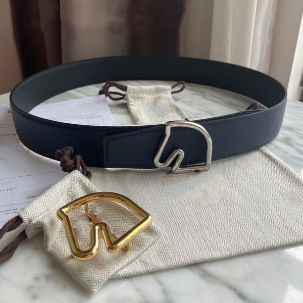 H BELT HORSE BUCKLE BLUE BLACK LEATHER REVERSIBLE 3.8CM