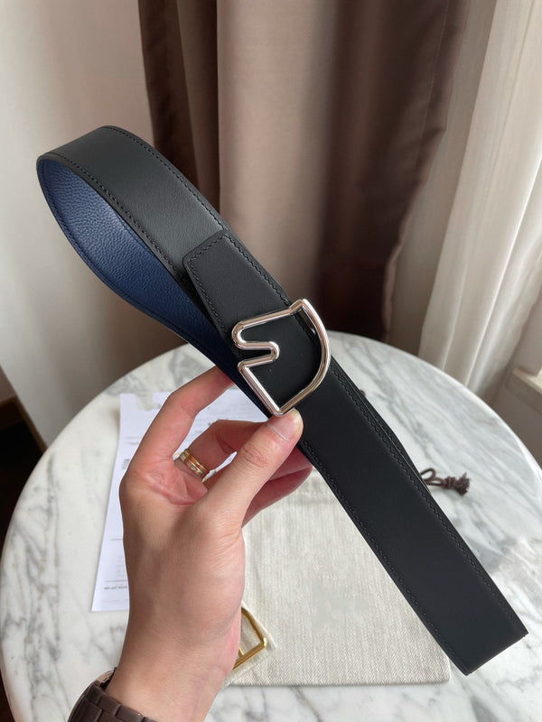 H BELT HORSE BUCKLE BLUE BLACK LEATHER REVERSIBLE 3.8CM