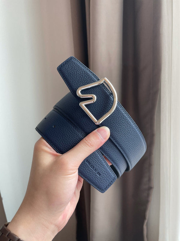 H BELT HORSE BUCKLE BLUE BLACK LEATHER REVERSIBLE 3.8CM