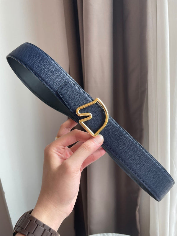 H BELT HORSE BUCKLE BLUE BLACK LEATHER REVERSIBLE 3.8CM