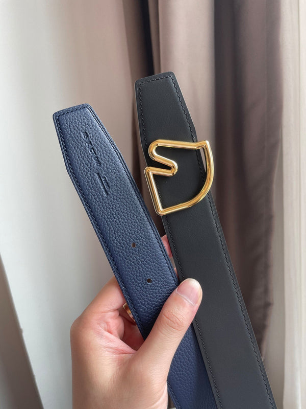 H BELT HORSE BUCKLE BLUE BLACK LEATHER REVERSIBLE 3.8CM