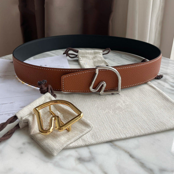 H BELT HORSE BUCKLE BROWN BLACK LEATHER REVERSIBLE 3.8CM