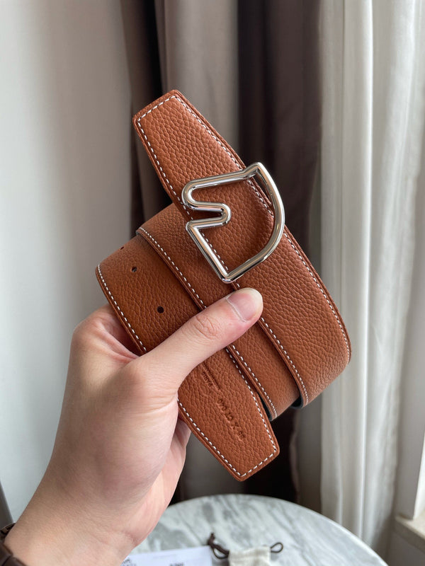 H BELT HORSE BUCKLE BROWN BLACK LEATHER REVERSIBLE 3.8CM