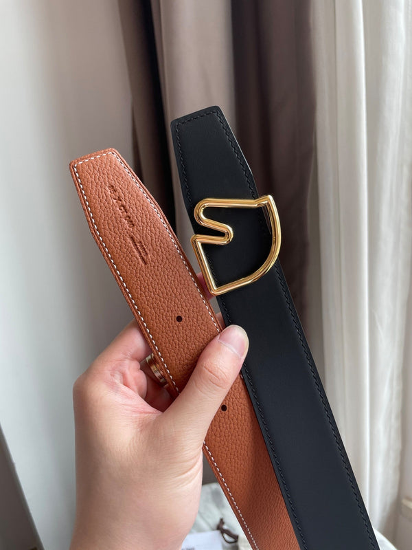 H BELT HORSE BUCKLE BROWN BLACK LEATHER REVERSIBLE 3.8CM