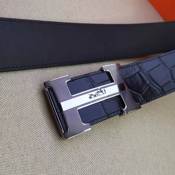 H BELT STEEL BUCKLE CROCODILE-PATTERNED BLACK LEATHER 40MM