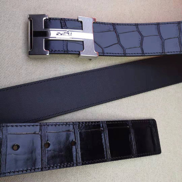 H BELT STEEL BUCKLE CROCODILE-PATTERNED BLACK LEATHER 40MM