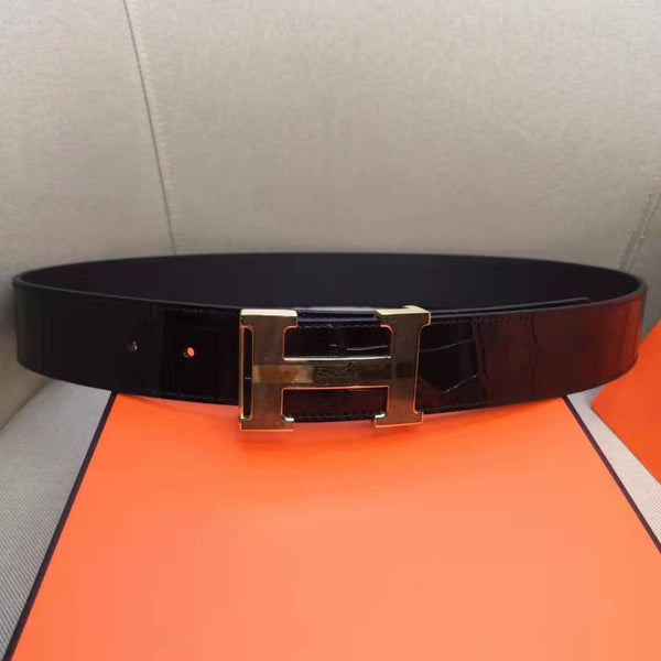 H BELT STEEL BUCKLE CROCODILE-PATTERNED BLACK LEATHER 40MM