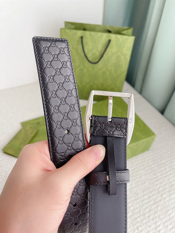 GC BELT SILVER BUCKLE IN GG SINK LEATHER 4.0CM