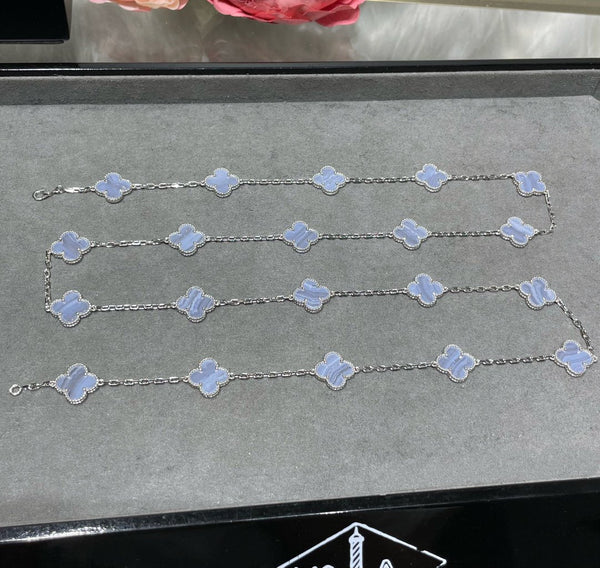 CLOVER 20 MOTIF CHALCEDONY 86CM SILVER NECKLACE
