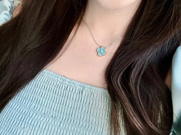 COLLANA CLOVER TURCHESE MEDIA IN ARGENTO CON 1 DIAMANTE