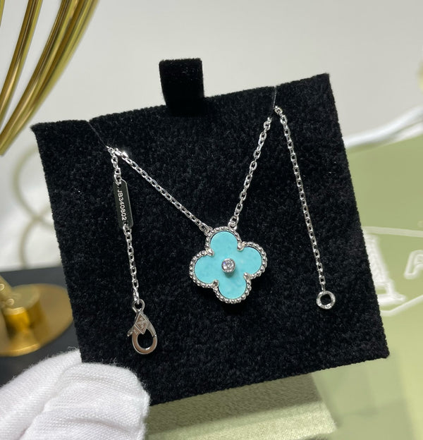 COLLANA CLOVER TURCHESE MEDIA IN ARGENTO CON 1 DIAMANTE
