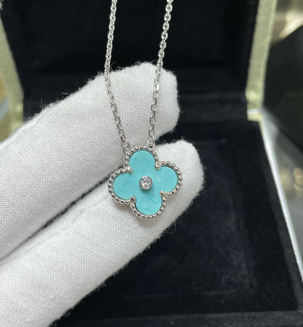 COLLANA CLOVER TURCHESE MEDIA IN ARGENTO CON 1 DIAMANTE