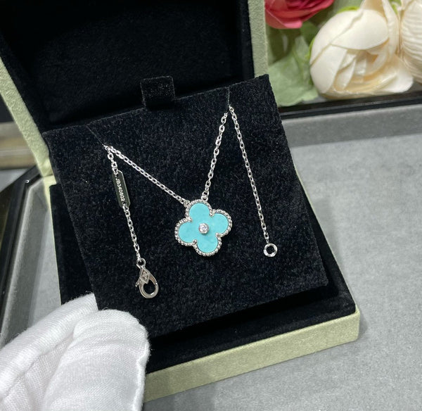 COLLANA CLOVER TURCHESE MEDIA IN ARGENTO CON 1 DIAMANTE