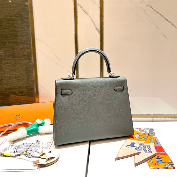 HM KELLY 25CM GRIS MOUETTE EPSOM PELLE ARGENTO FERRAMENTA