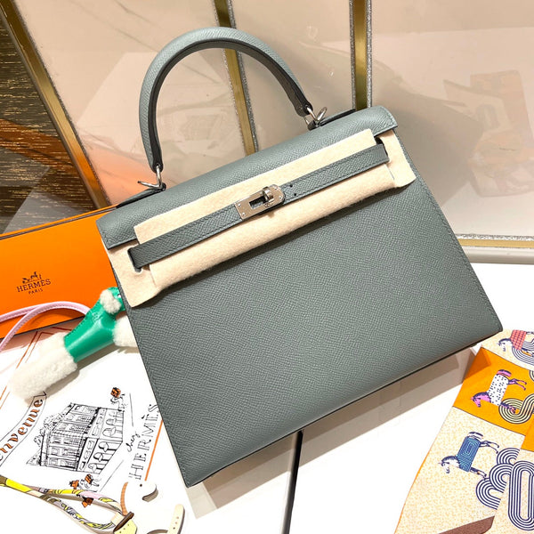 HM KELLY 25CM GRIS MOUETTE EPSOM PELLE ARGENTO FERRAMENTA