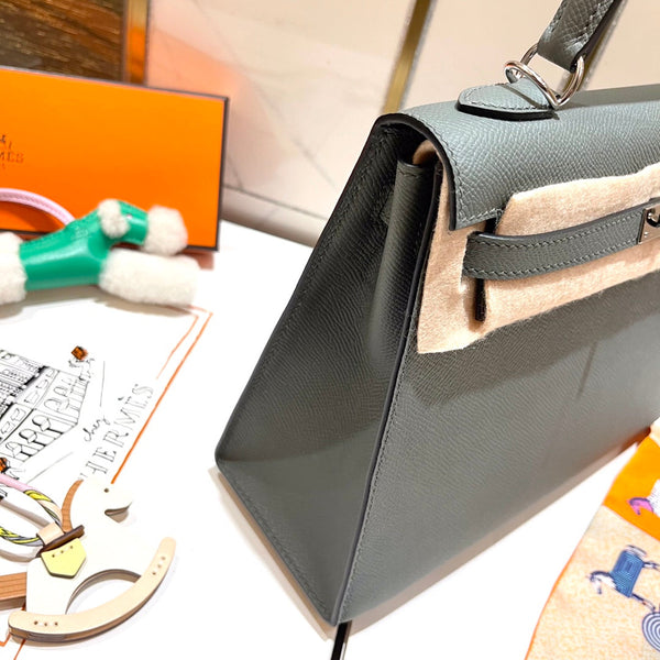 HM KELLY 25CM GRIS MOUETTE EPSOM PELLE ARGENTO FERRAMENTA