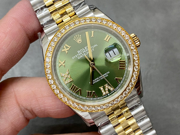 DATEJUST 36MM GOLD STEEL DIAMOND BEZEL GREEN DIAL
