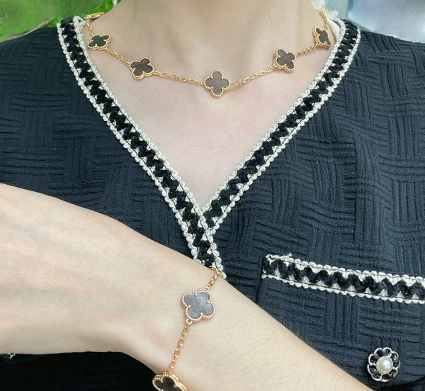 CLOVER 10 MOTIF GREY MOP PINK GOLD NECKLACE