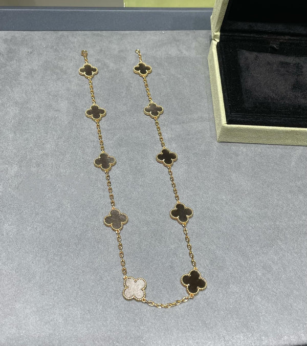 CLOVER 10 MOTIF GREY MOP PINK GOLD NECKLACE