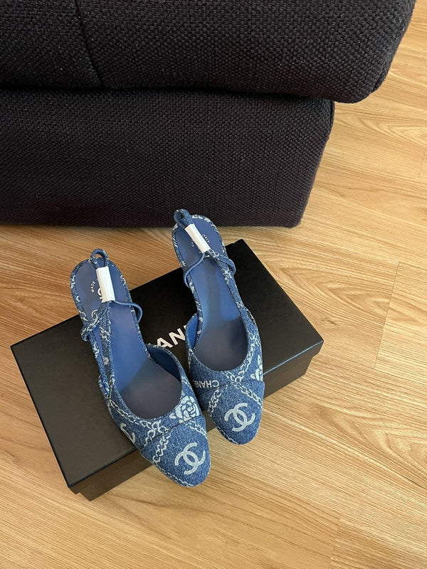 slingback alte in denim blu