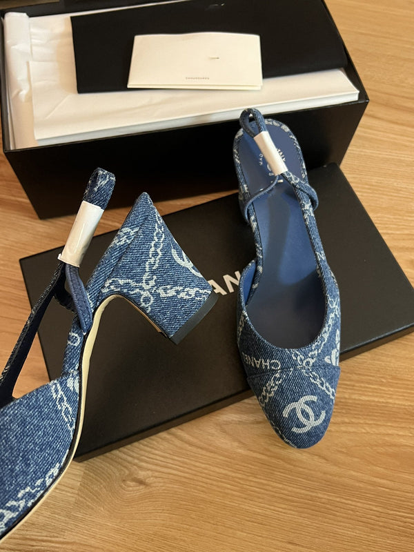 slingback alte in denim blu