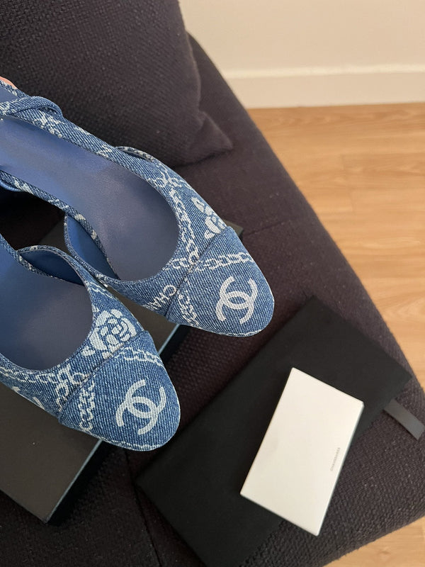 slingback alte in denim blu