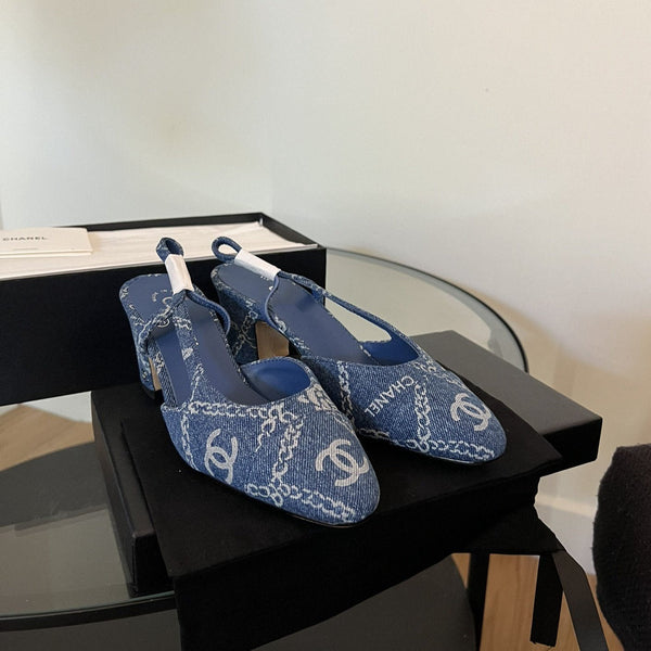 slingback alte in denim blu