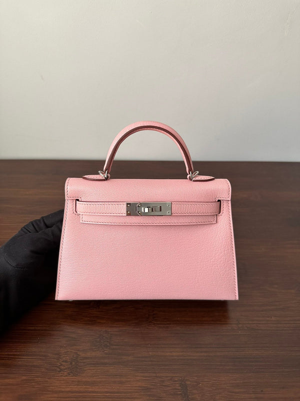 HM KELLY MINI 20 PINK CHEVRE SIVER HARDWARE