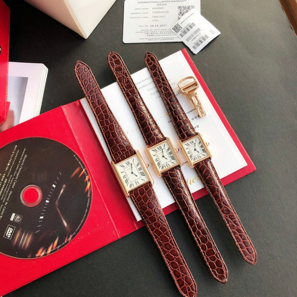 TANK SOLO QUARTZ PINK GOLD CASE BROWN LEATHER