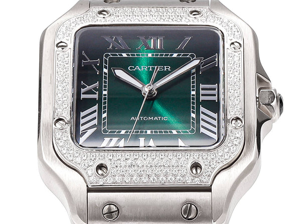 SANTOS LADY 35.1MM STEEL CASE DEEP GREEN DIAL DIAMOND BEZEL