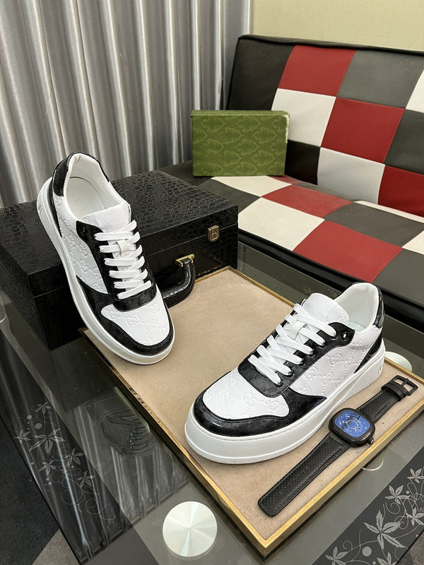 GG SNEAKERS IN EMBOSSED WHITE BLACK COWHIDE LEATHER