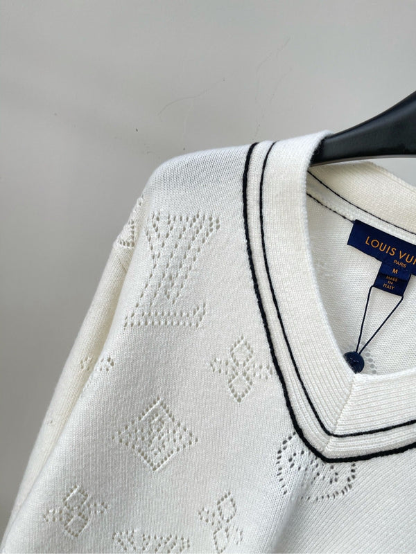 Maglione LV Clover con scollo a V in lana e cashmere bianco 285518