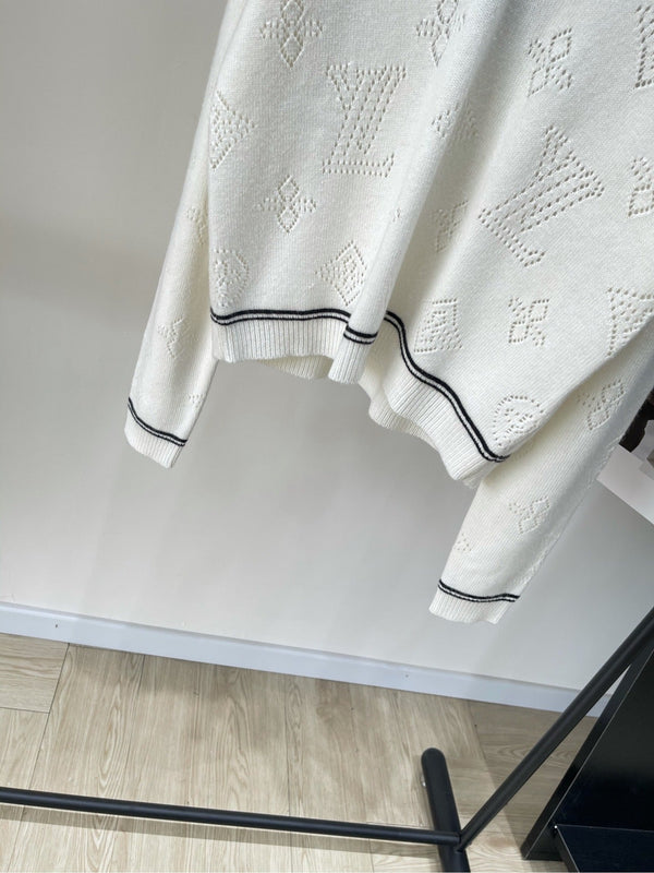 Maglione LV Clover con scollo a V in lana e cashmere bianco 285518