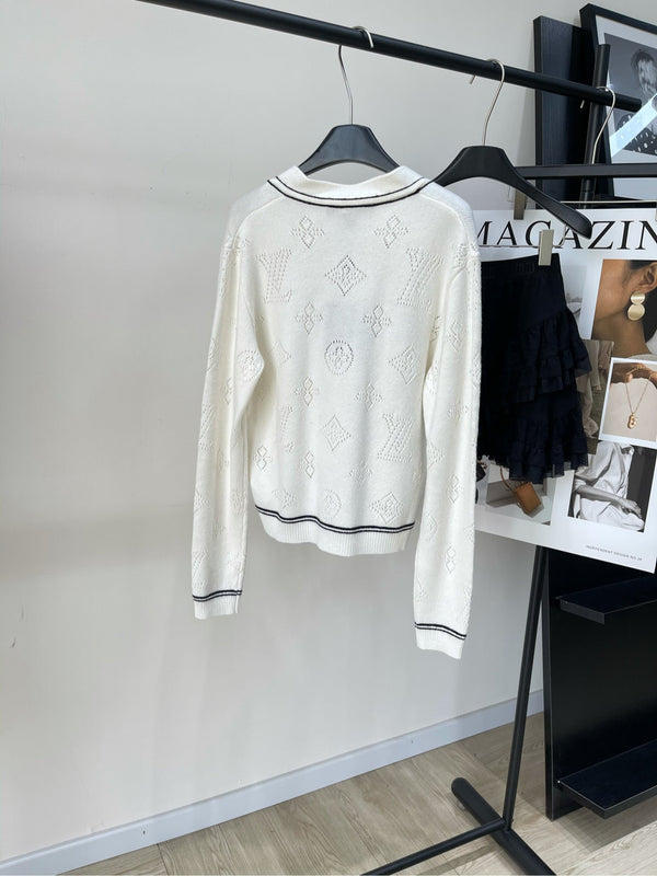 Maglione LV Clover con scollo a V in lana e cashmere bianco 285518