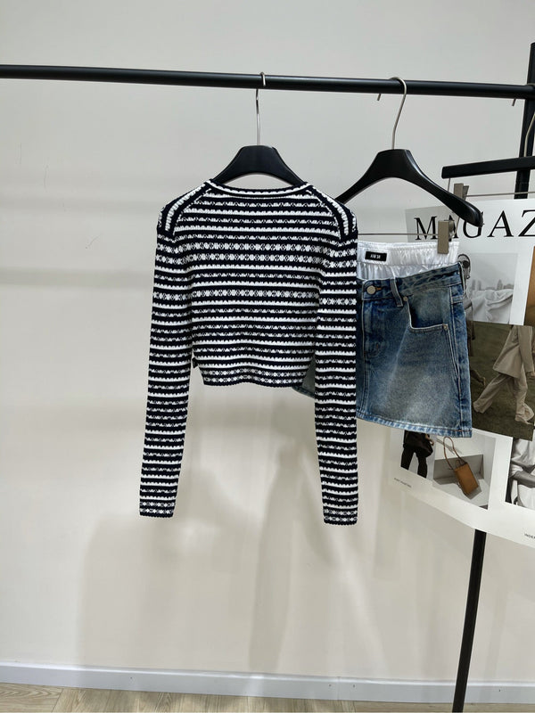 LV Four-Leaf Clover Short Cardigan Black and White Stripes Wool 285507