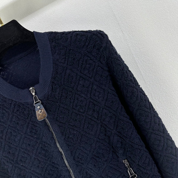 LV Embossed Long-Sleeved Cardigan in Navy Blue Wool 271049