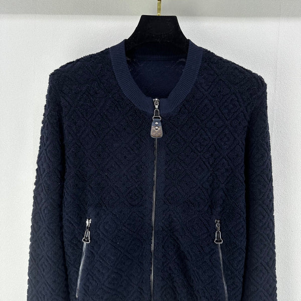 LV Embossed Long-Sleeved Cardigan in Navy Blue Wool 271049