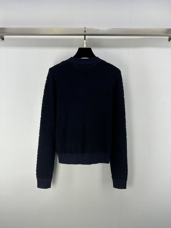 LV Embossed Long-Sleeved Cardigan in Navy Blue Wool 271049