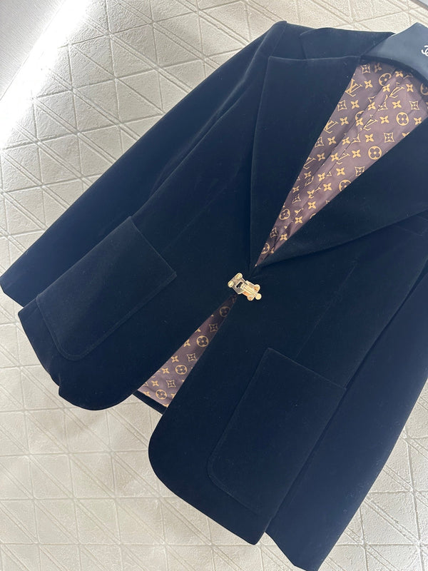 LV25 Gold-Button Lapel Suit Jacket Black Velvet 294490