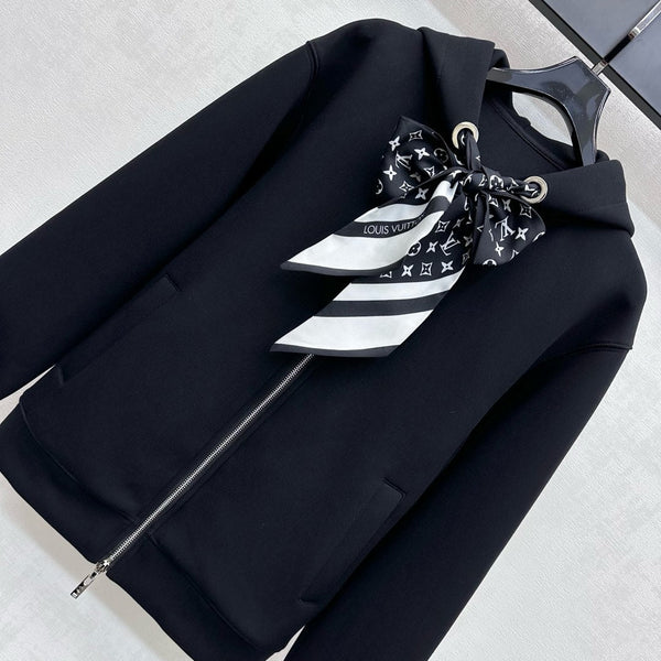 LV25 Silk Scarf Hooded Jacket Black Cotton 290214