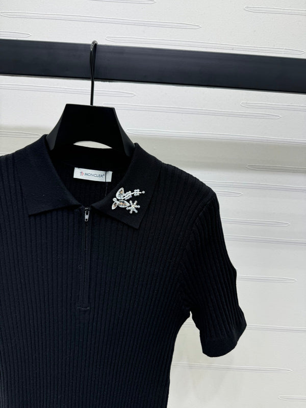 Moncle Beaded Lapel Knit Short-Sleeve Top Black Tencel Cotton 255893