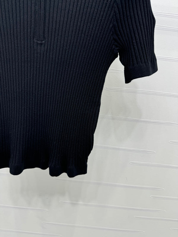 Moncle Beaded Lapel Knit Short-Sleeve Top Black Tencel Cotton 255893