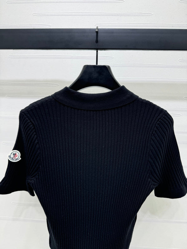 Moncle Beaded Lapel Knit Short-Sleeve Top Black Tencel Cotton 255893