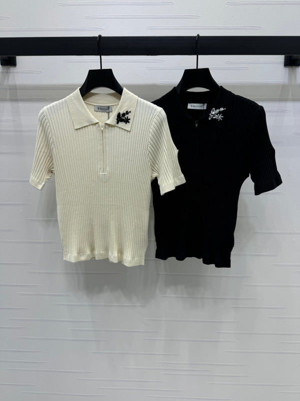 Moncle Beaded Lapel Knit Short-Sleeve Top Cream Tencel Cotton 255895