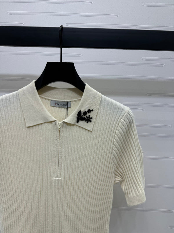 Moncle Beaded Lapel Knit Short-Sleeve Top Cream Tencel Cotton 255895